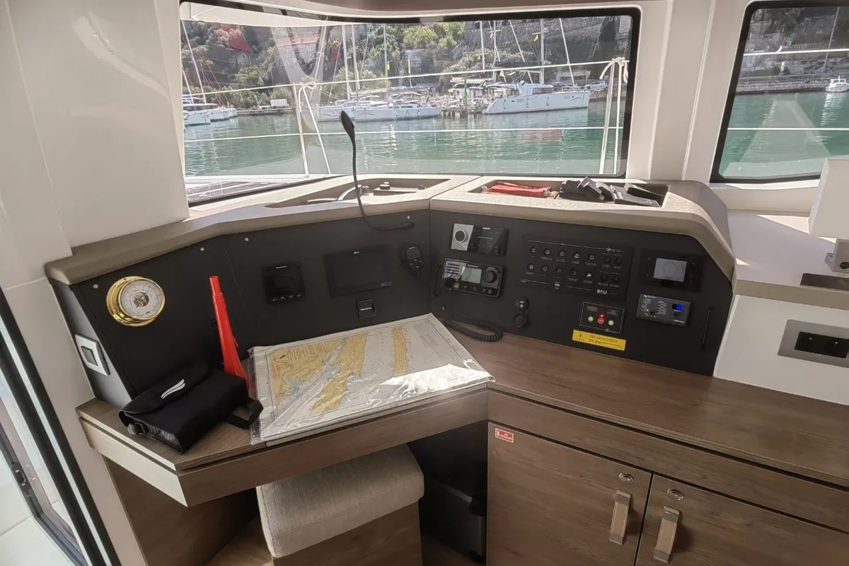 Cockpit of Nanann, a Bali 4.4 catamaran at Road Town, British Virgin Islands