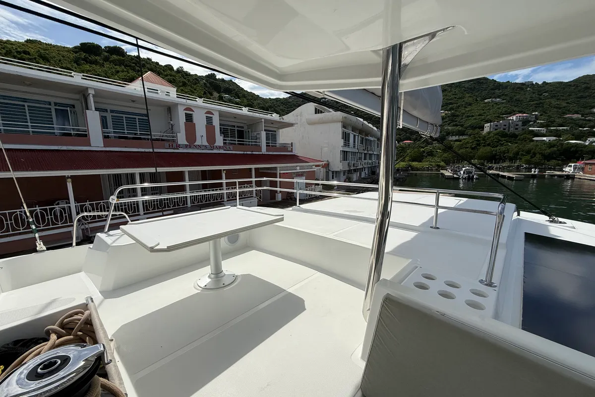 Deck of Nanann, a Bali 4.4 catamaran at Road Town, British Virgin Islands