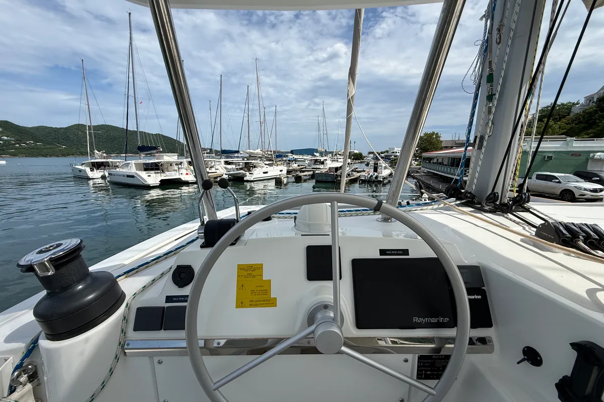Cockpit of Nanann, a Bali 4.4 catamaran at Road Town, British Virgin Islands