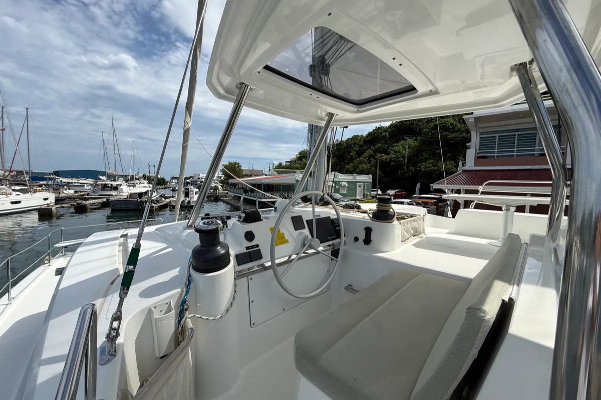 Cockpit of Nanann, a Bali 4.4 catamaran at Road Town, British Virgin Islands