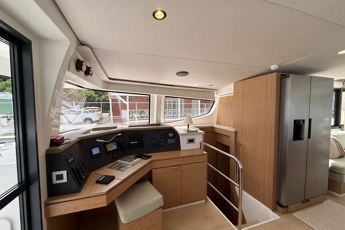 Cockpit of Nanann, a Bali 4.4 catamaran at Road Town, British Virgin Islands