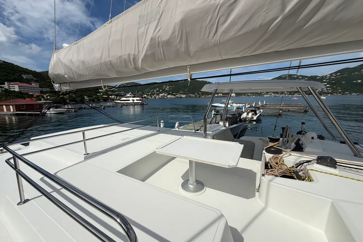 Deck of Nanann, a Bali 4.4 catamaran at Road Town, British Virgin Islands