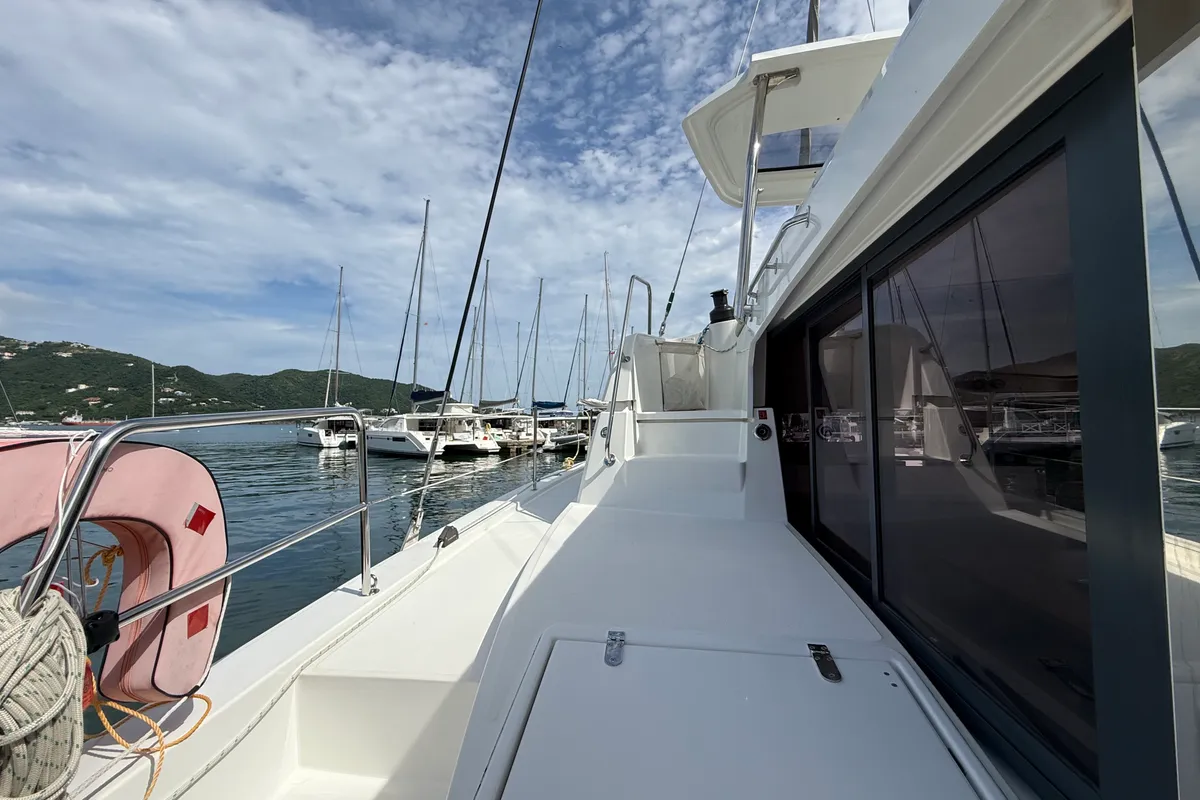 Deck of Nanann, a Bali 4.4 catamaran at Road Town, British Virgin Islands