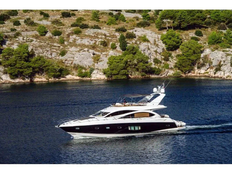 Exterior view of Premium, a Sunseeker 74 motor yacht at Kontokali, Greece