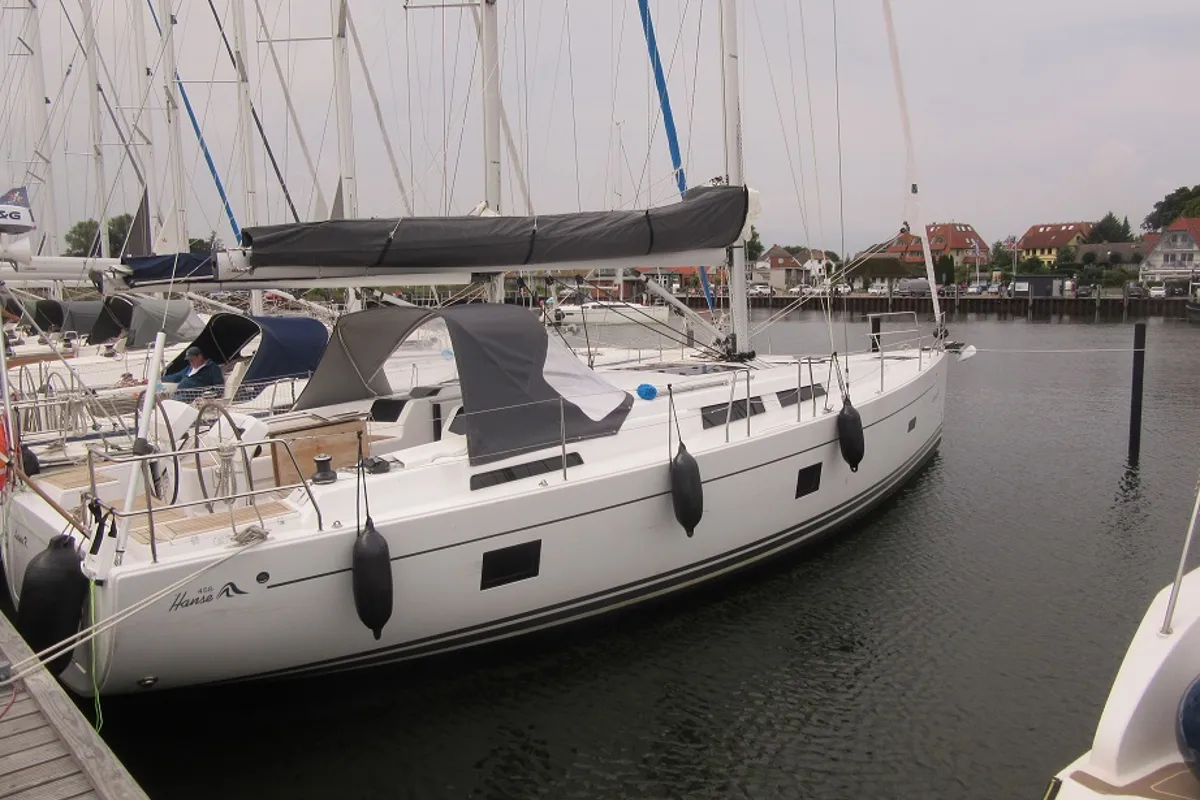 Exterior view of Seven, a Hanse 458 sailboat at Fisksätra, Sweden
