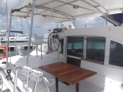 Cockpit of Magnifique, a Lagoon 380 catamaran at Cienfuegos, Cuba