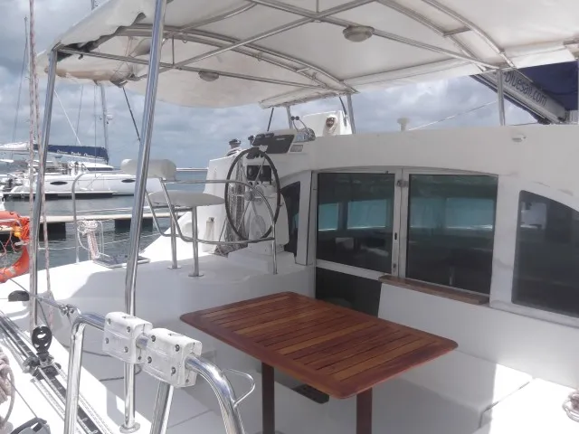 Cockpit of Magnifique, a Lagoon 380 catamaran at Cienfuegos, Cuba