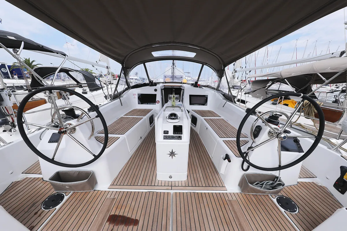 Cockpit of Beauty, a Jeanneau Sun Odyssey 410 sailboat at Grad Biograd na Moru, Croatia