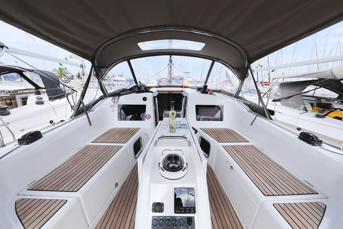 Cockpit of Beauty, a Jeanneau Sun Odyssey 410 sailboat at Grad Biograd na Moru, Croatia