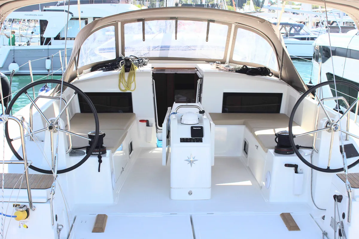 Cockpit of Jeanneau Sun Odyssey 490, a sailboat at Split, Croatia