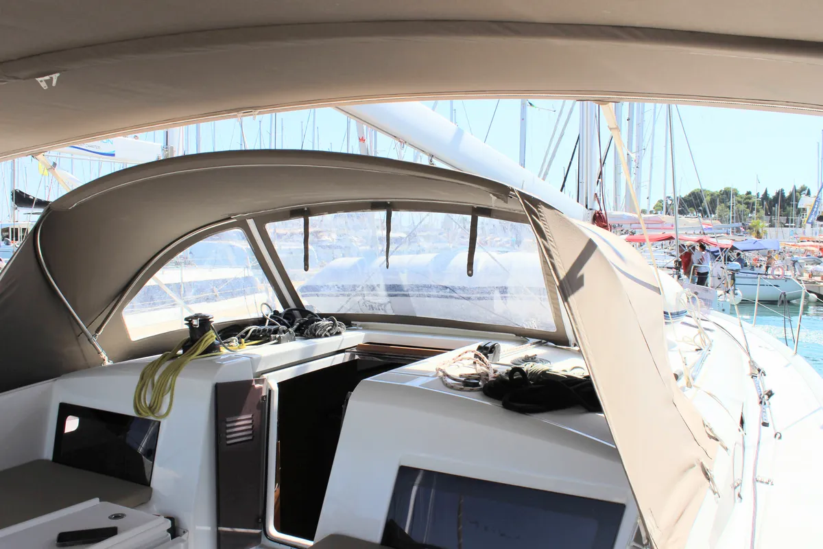 Cockpit of Jeanneau Sun Odyssey 490, a sailboat at Split, Croatia