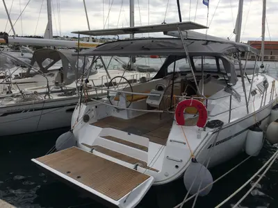 Deck of Melodia, a Bavaria Cruiser 46 sailboat at Rhodes, Greece