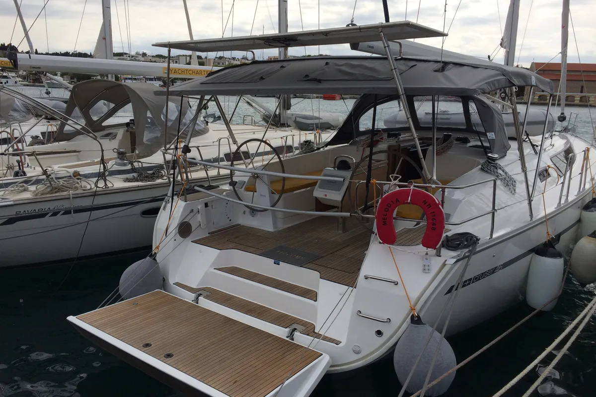 Deck of Melodia, a Bavaria Cruiser 46 sailboat at Rhodes, Greece