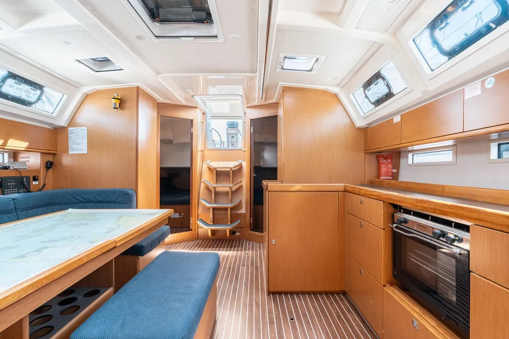 Salon of Melodia, a Bavaria Cruiser 46 sailboat at Rhodes, Greece