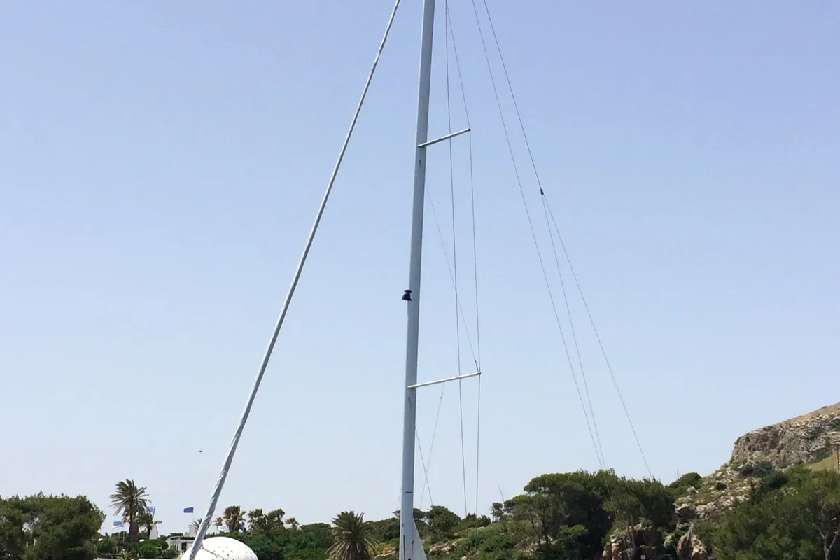 Exterior view of Melodia, a Bavaria Cruiser 46 sailboat at Rhodes, Greece