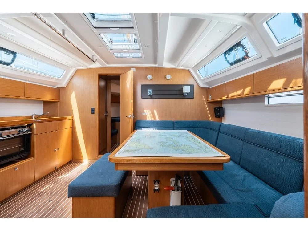 Salon of Melodia, a Bavaria Cruiser 46 sailboat at Rhodes, Greece