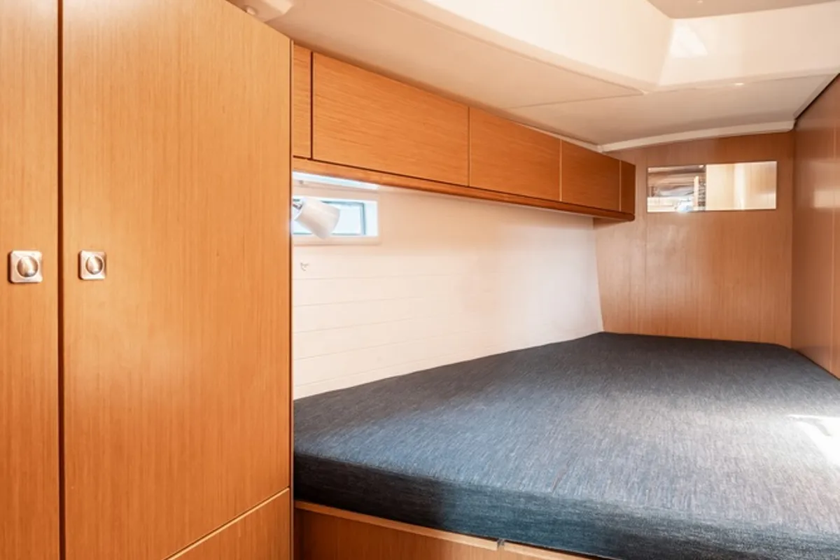 Cabin on Melodia, a Bavaria Cruiser 46 sailboat at Rhodes, Greece