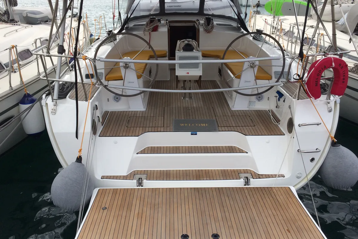Cockpit of Melodia, a Bavaria Cruiser 46 sailboat at Rhodes, Greece