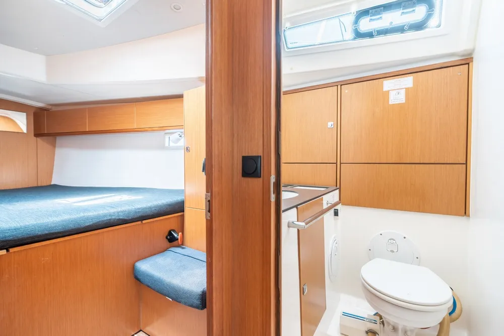 Salon of Melodia, a Bavaria Cruiser 46 sailboat at Rhodes, Greece