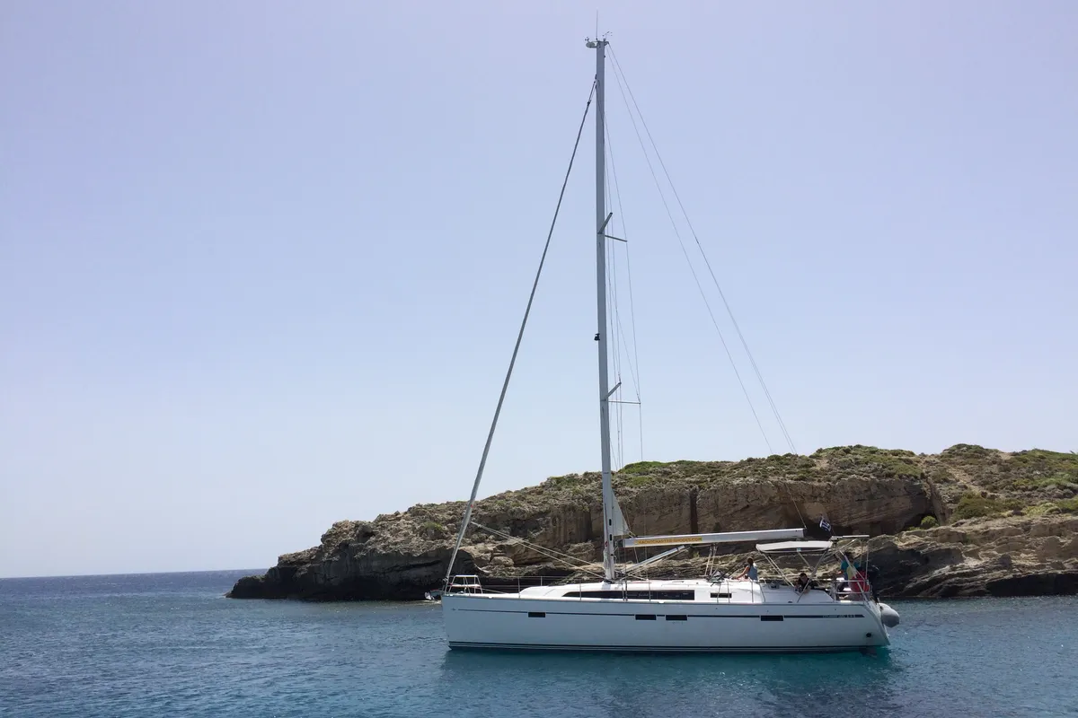 Exterior view of Melodia, a Bavaria Cruiser 46 sailboat at Rhodes, Greece