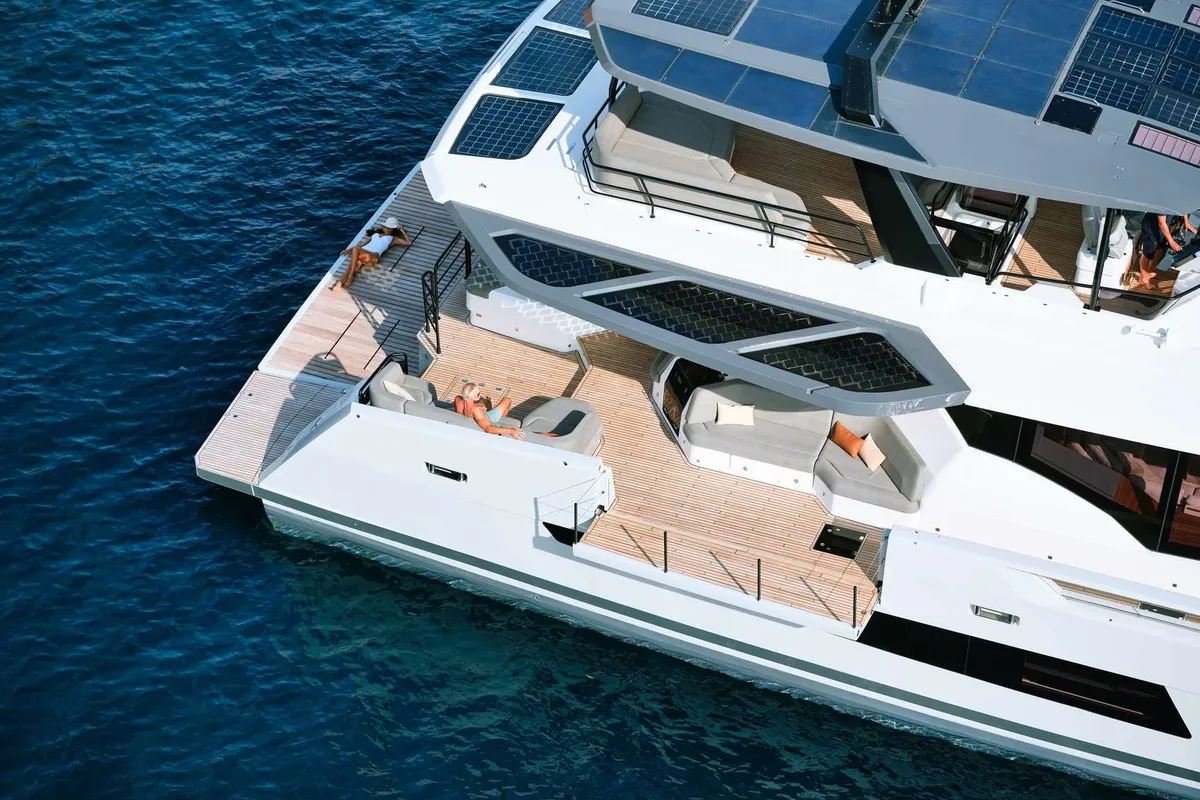 Alina, a Fountaine Pajot Power 80 catamaran at Vouliagmeni, Greece