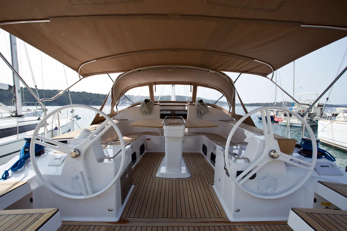 Cockpit of Vuschi, a Elan Impression 50 sailboat at Punat, Croatia