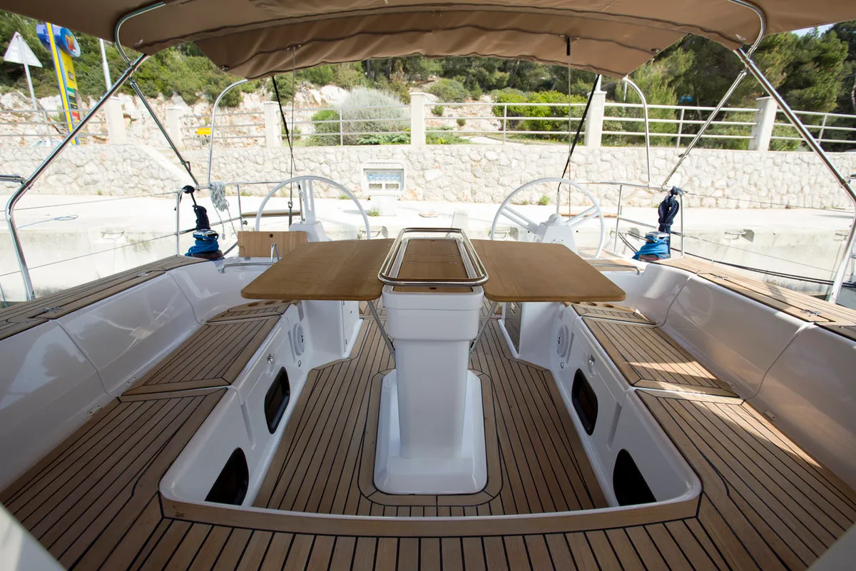 Deck of Vuschi, a Elan Impression 50 sailboat at Punat, Croatia