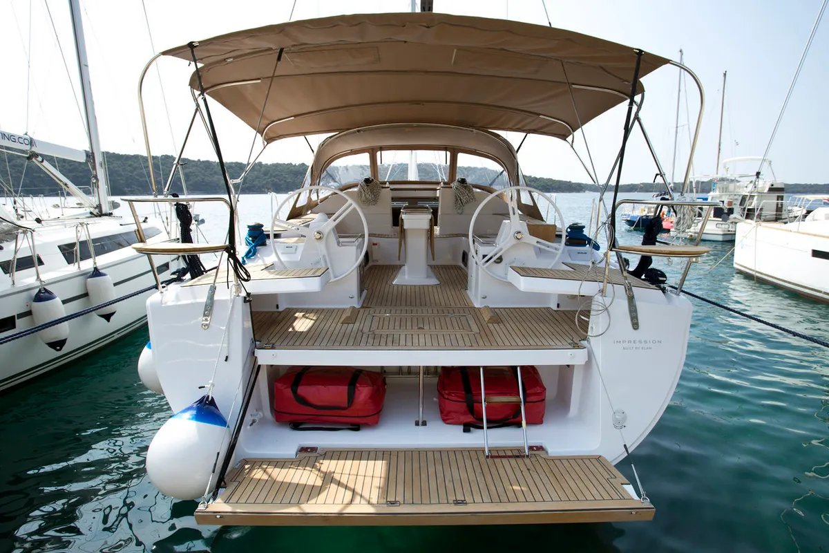Cockpit of Vuschi, a Elan Impression 50 sailboat at Punat, Croatia