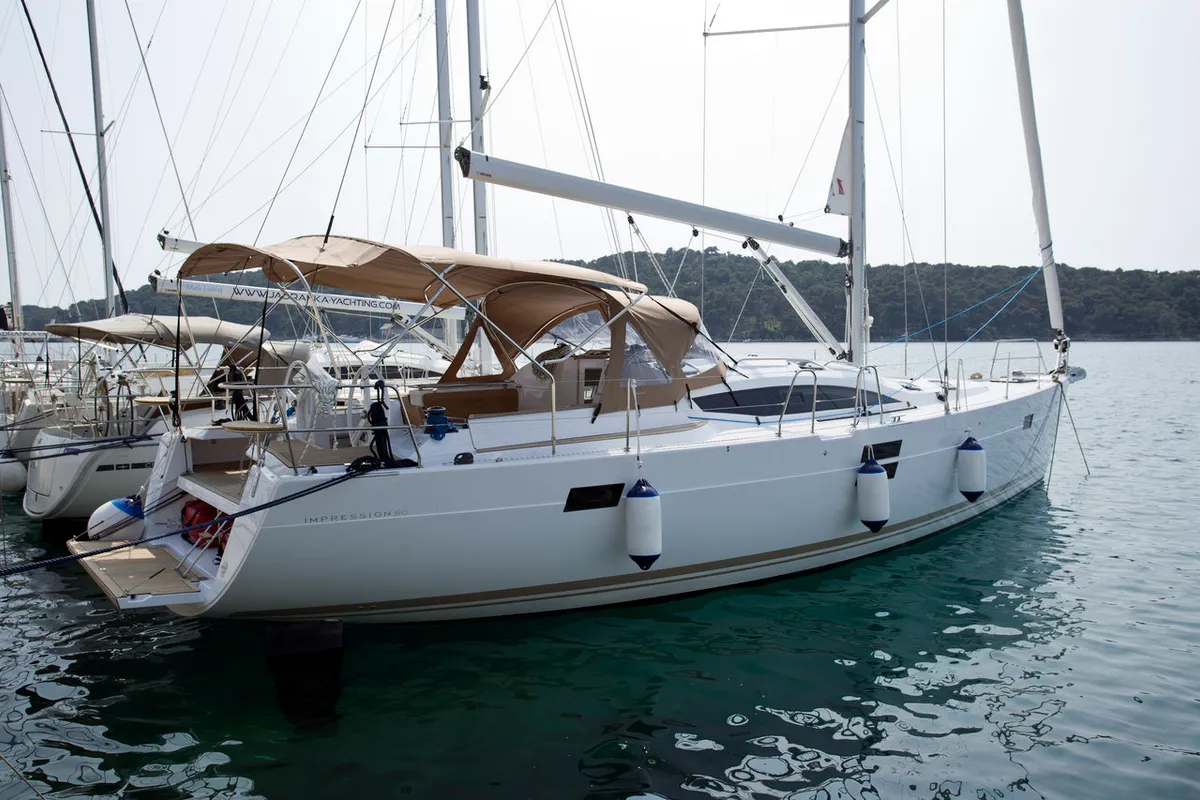 Exterior view of Vuschi, a Elan Impression 50 sailboat at Punat, Croatia