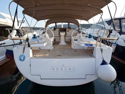 Cockpit of Vuschi, a Elan Impression 50 sailboat at Punat, Croatia