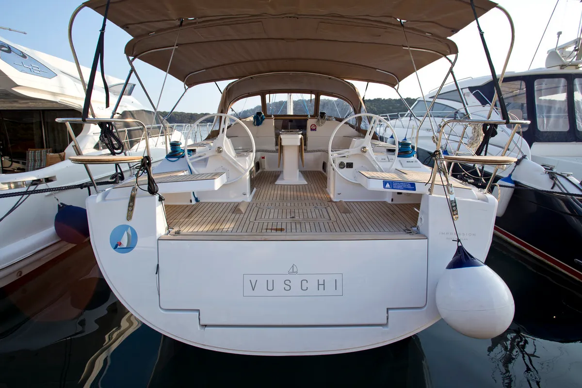 Cockpit of Vuschi, a Elan Impression 50 sailboat at Punat, Croatia