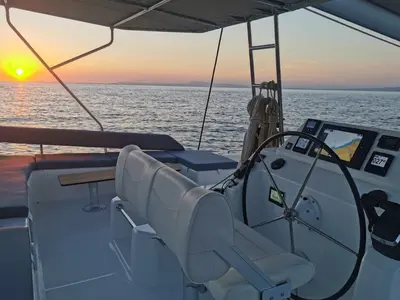 Cockpit of Olga, a Dufour 48 Catamaran catamaran at Salerno, Italy