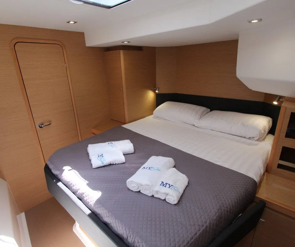 Cabin on Olga, a Dufour 48 Catamaran catamaran at Salerno, Italy