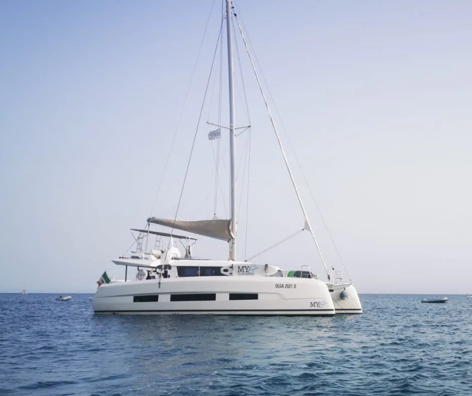 Exterior view of Olga, a Dufour 48 Catamaran catamaran at Salerno, Italy