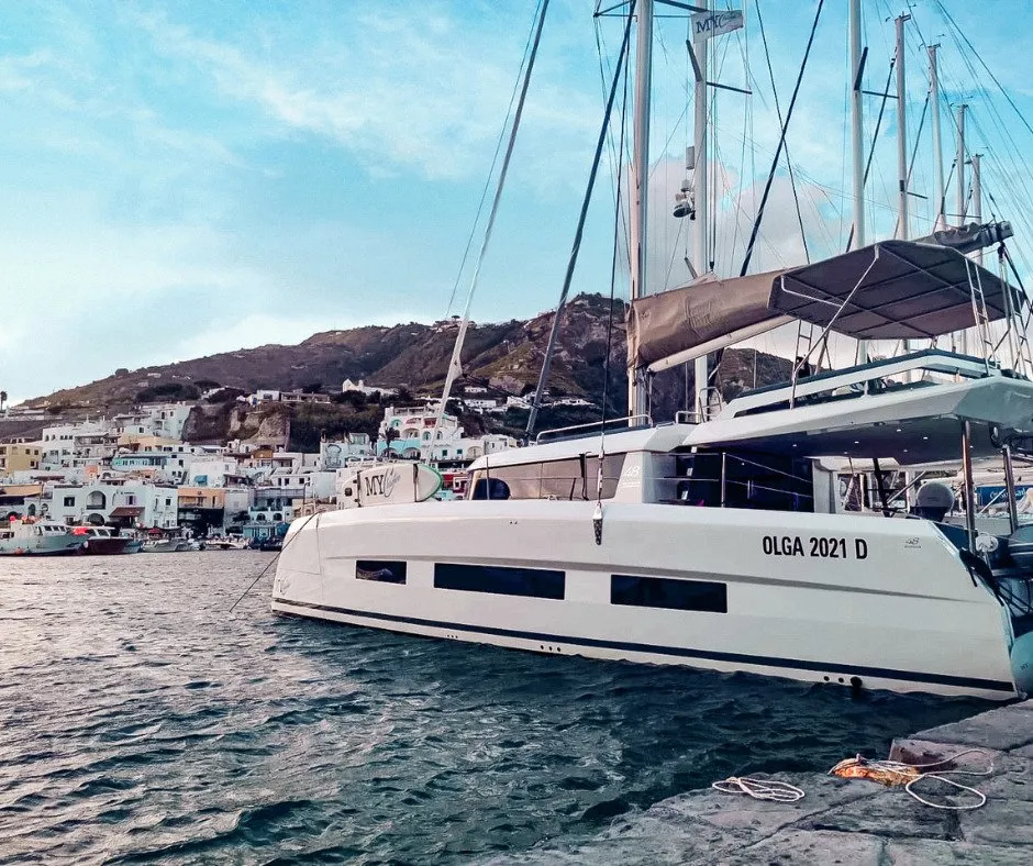 Exterior view of Olga, a Dufour 48 Catamaran catamaran at Salerno, Italy