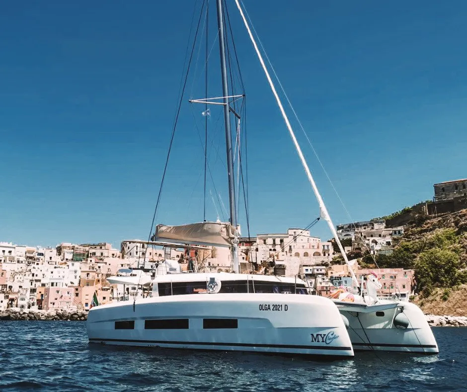 Exterior view of Olga, a Dufour 48 Catamaran catamaran at Salerno, Italy