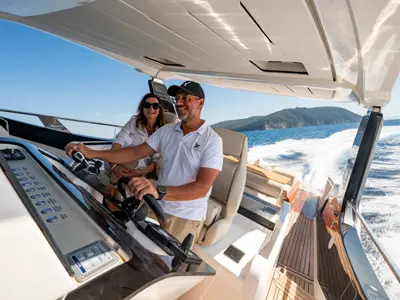Cockpit of Italia Yachts IY 43 Veloce, a motorboat at San Vincenzo, Italy