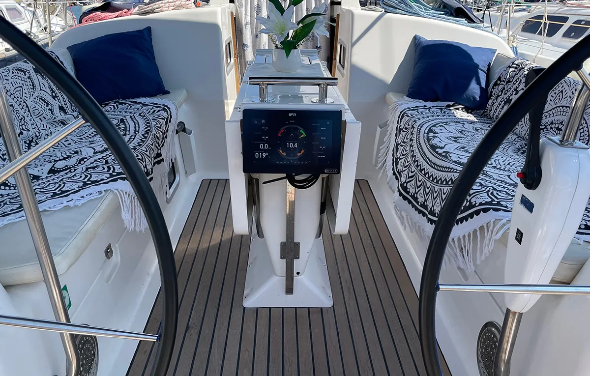 Cockpit of Roxani, a Elan 45 sailboat at Sithonia Municipal Unit, Greece