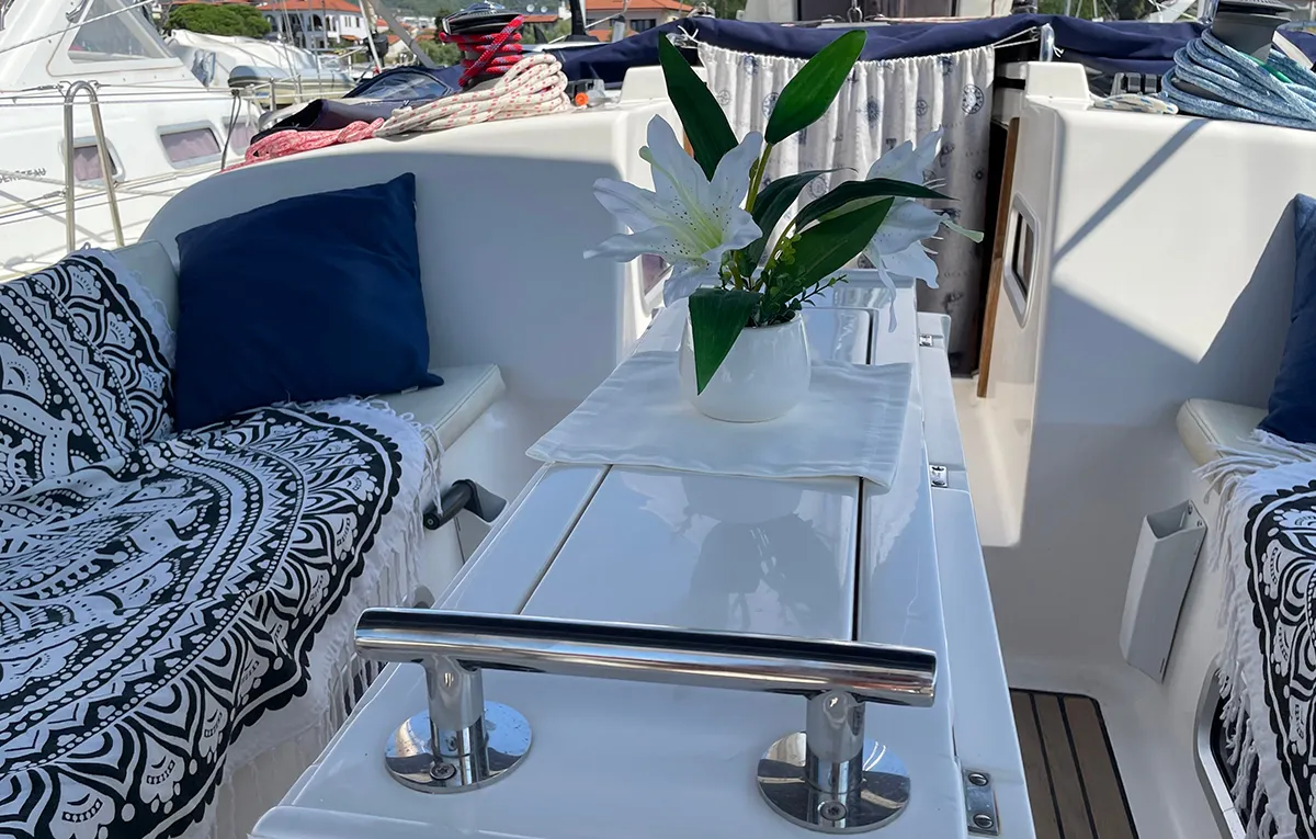 Deck of Roxani, a Elan 45 sailboat at Sithonia Municipal Unit, Greece