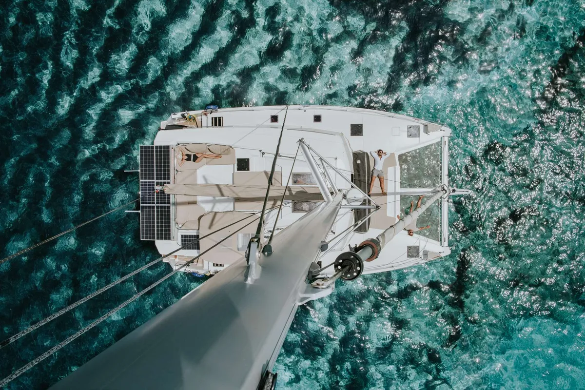 Exterior view of SOPHIA, a Lagoon 50 catamaran at Nea Peramos, Greece