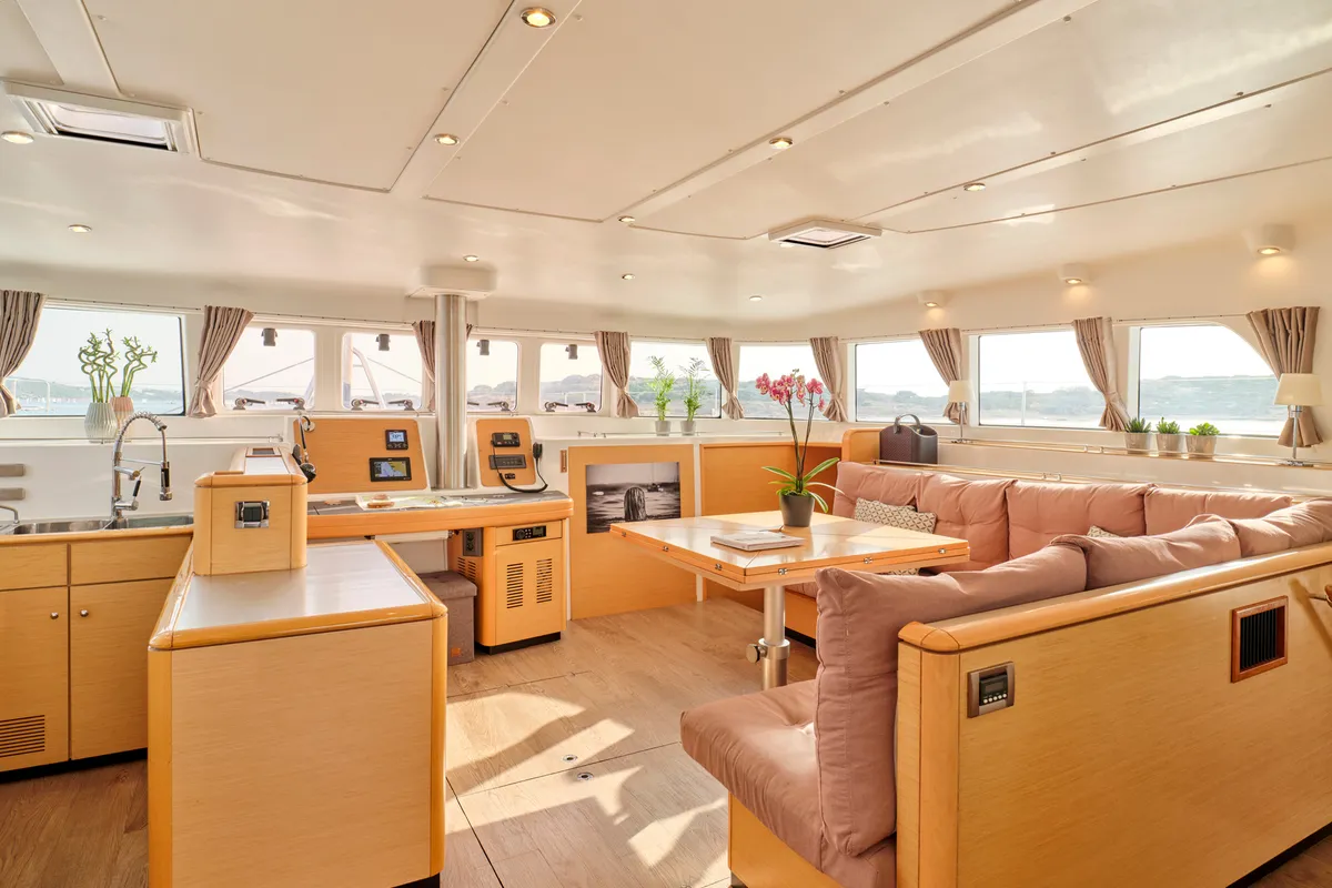 Salon of SOPHIA, a Lagoon 50 catamaran at Nea Peramos, Greece