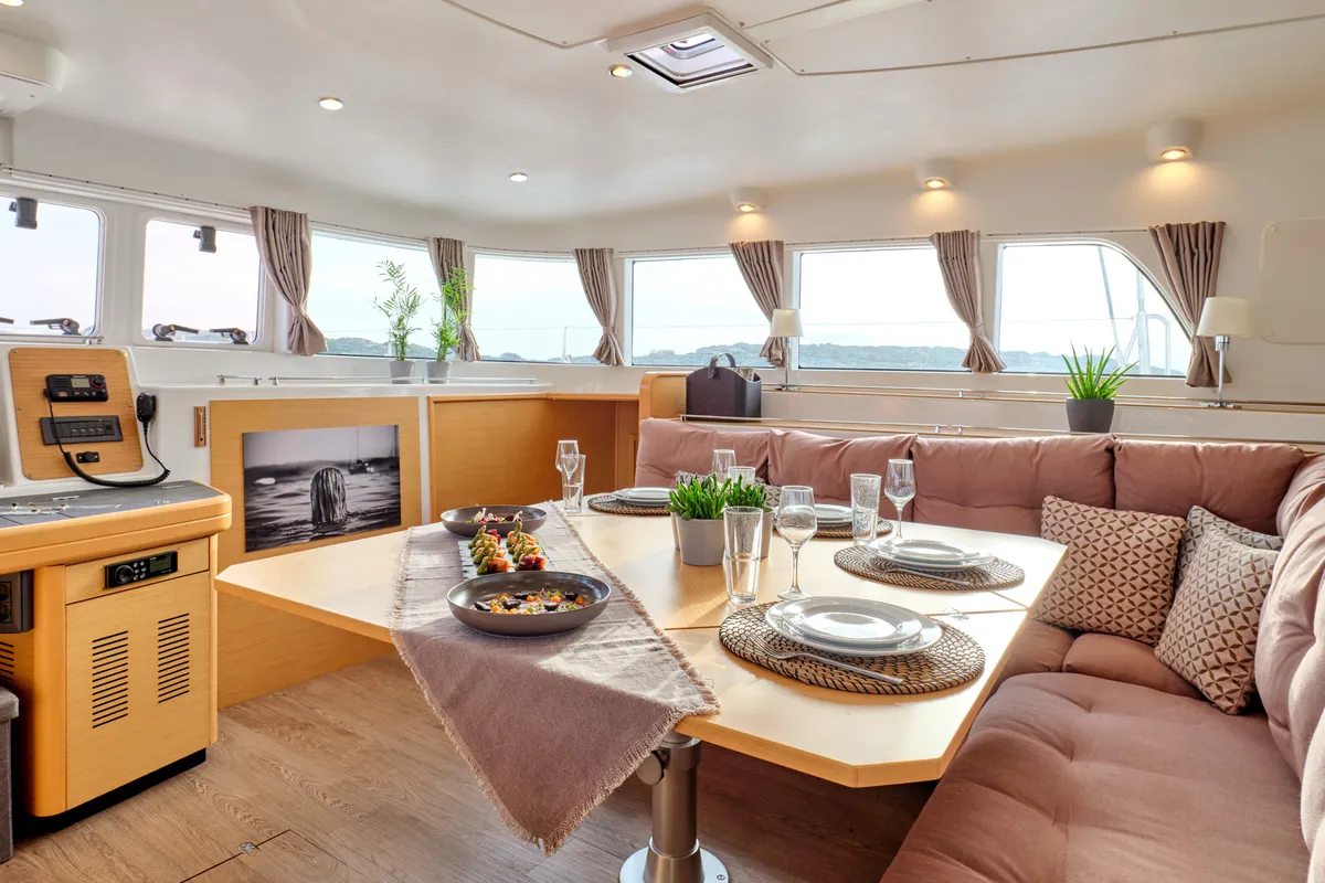 Salon of SOPHIA, a Lagoon 50 catamaran at Nea Peramos, Greece