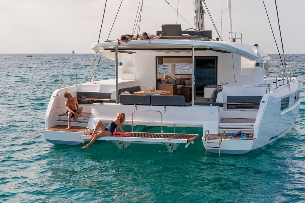 Exterior view of SOPHIA, a Lagoon 50 catamaran at Nea Peramos, Greece