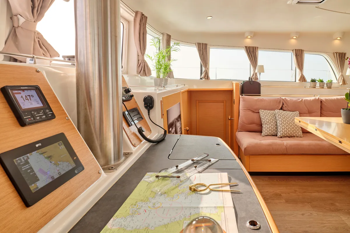 Salon of SOPHIA, a Lagoon 50 catamaran at Nea Peramos, Greece