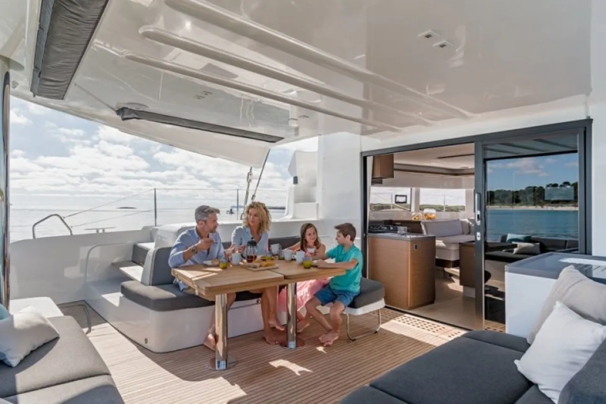 Deck of SOPHIA, a Lagoon 50 catamaran at Nea Peramos, Greece