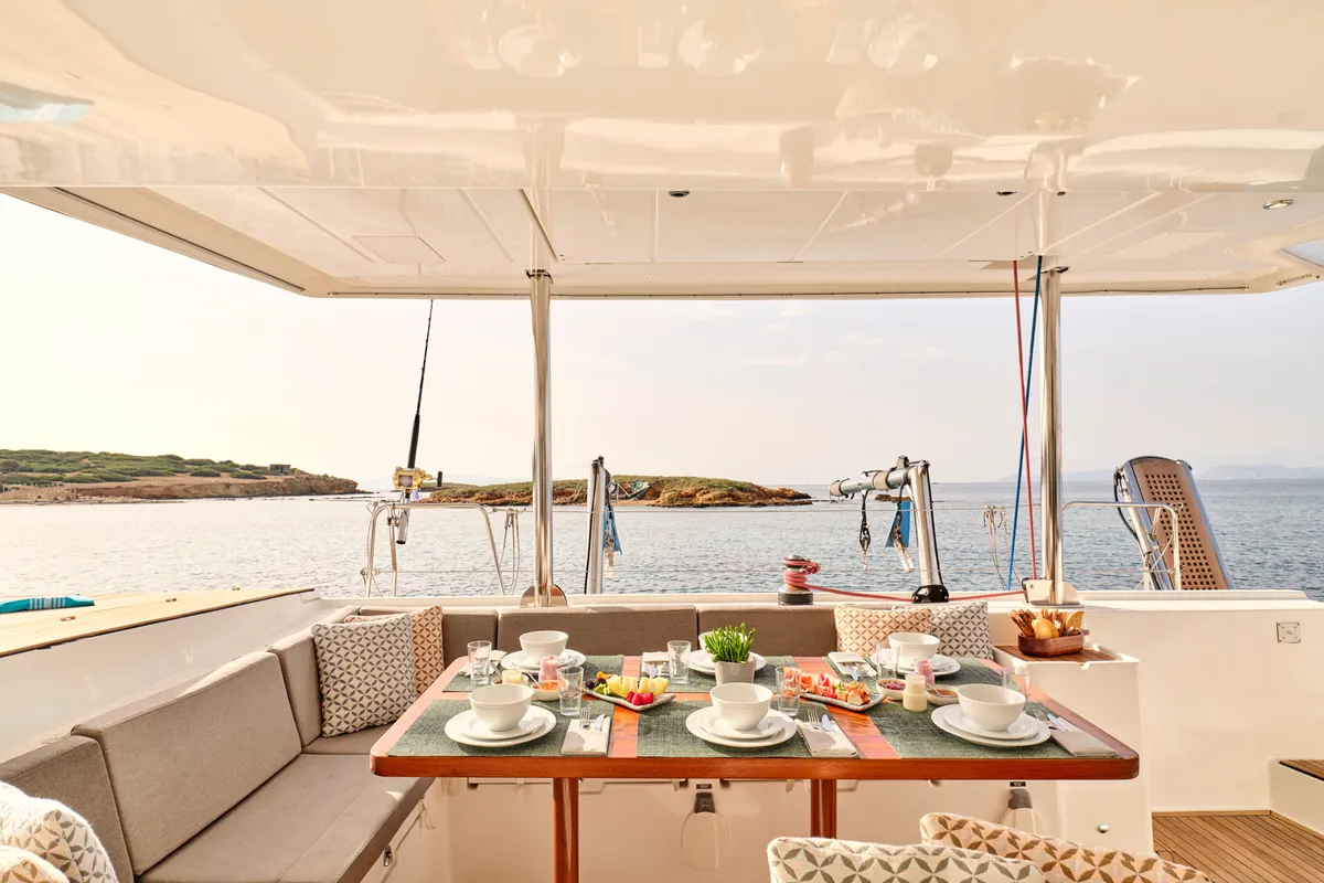 Deck of SOPHIA, a Lagoon 50 catamaran at Nea Peramos, Greece