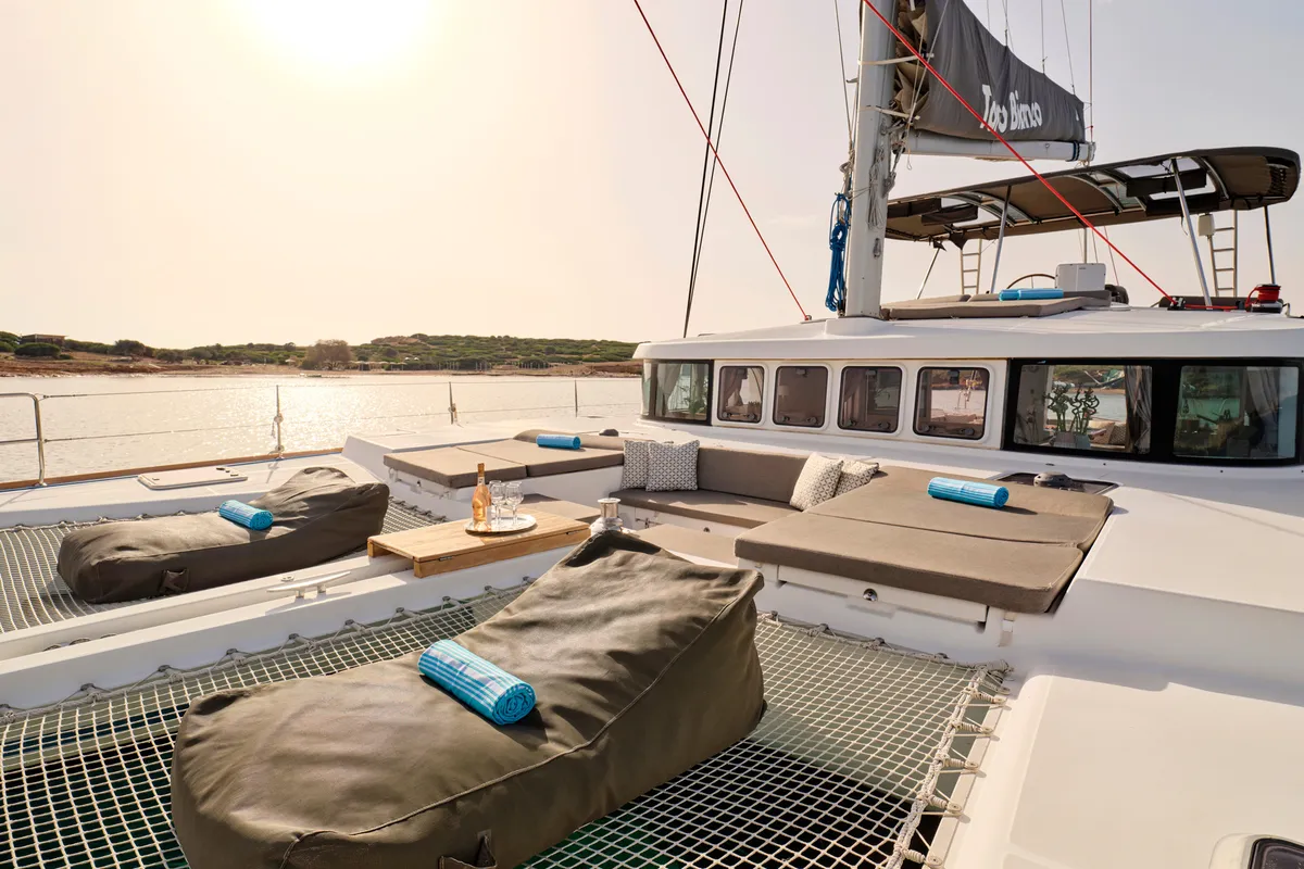 Deck of SOPHIA, a Lagoon 50 catamaran at Nea Peramos, Greece