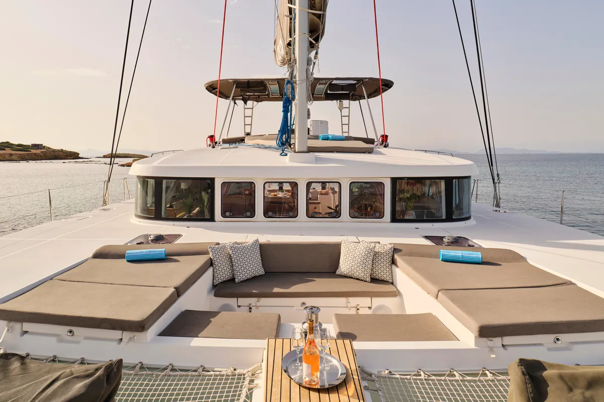 Deck of SOPHIA, a Lagoon 50 catamaran at Nea Peramos, Greece