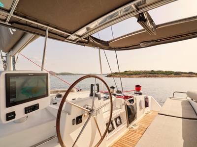 Cockpit of SOPHIA, a Lagoon 50 catamaran at Nea Peramos, Greece
