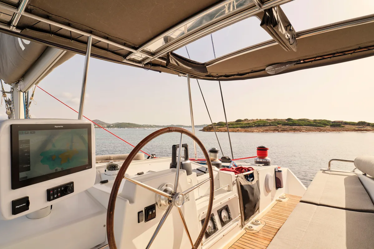 Cockpit of SOPHIA, a Lagoon 50 catamaran at Nea Peramos, Greece